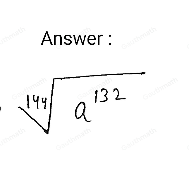 Which expression is equivalent to a 11/12 , where a>0 ? Right: square root of [144]a132 Your answer: square root of [12]a132